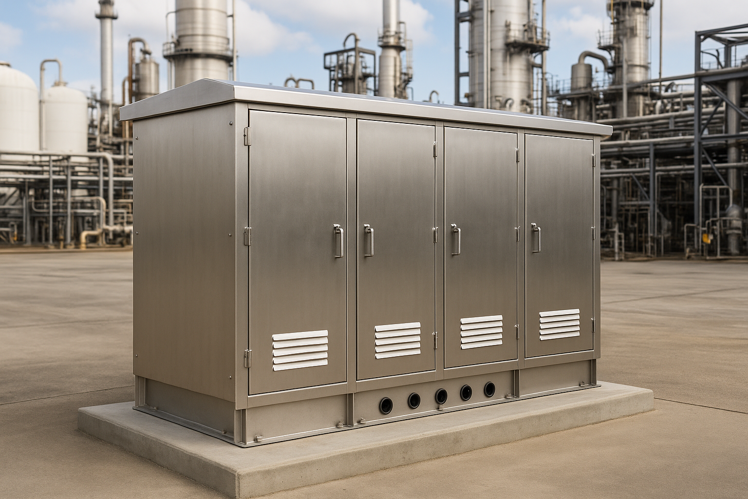 make the background more industrial like a gas production facility